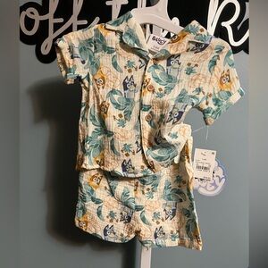 Bluey Bingo Tropical Button Down & Shorts 2 Piece Set NWT
